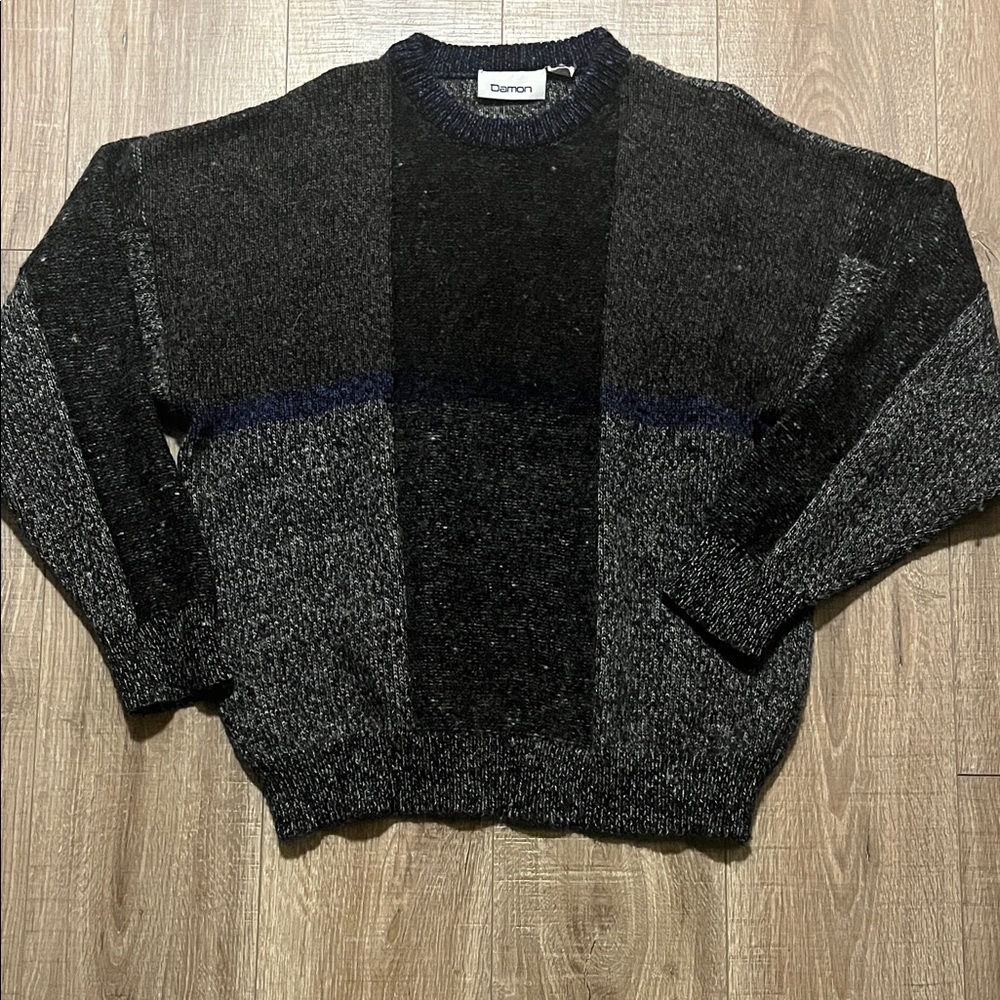 Vintage Damon Men's Black and Gray Wool Crewneck Sweater Size XL